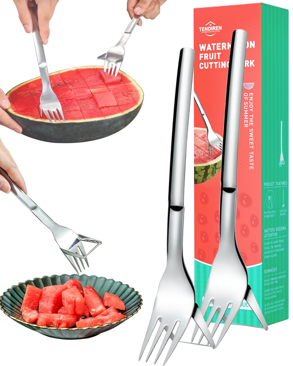 Zhongyu Watermelon Slicer Cutter 2 Pack, 2-in-1 Watermelon Fork Slicer, Summer Watermelon Cutting Artifact, Stainless Steel Fruit Forks Slicer Knife for Family Parties Camping