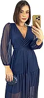 Vestido Longo em tule forrado,manga longa, decote em V, silhueta evasê, elástico + faixa na cintura