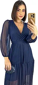 Vestido Longo em tule forrado,manga longa, decote em V, silhueta evasê, elástico + faixa na cintura