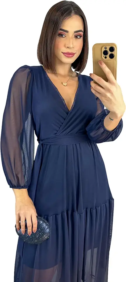 Vestido Longo em tule forrado,manga longa, decote em V, silhueta evasê, elástico + faixa na cintura