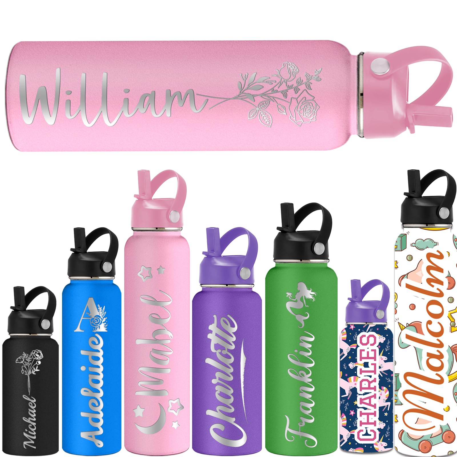 Personalized Water Bottles for Kids with Straw Lid 40 32 24 18 12oz Custom Insulated Water Bottle Stainless