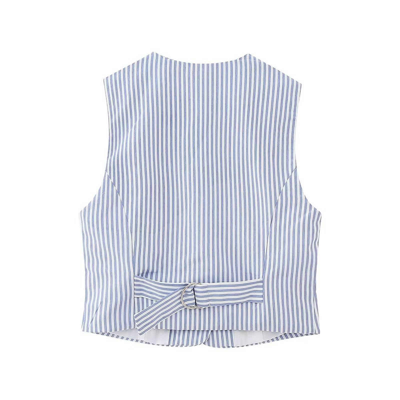 Gilet Estivo Senza Maniche Monopetto a Righe Blu e Bianche da Donna Nuovo-Immagine Colore-M