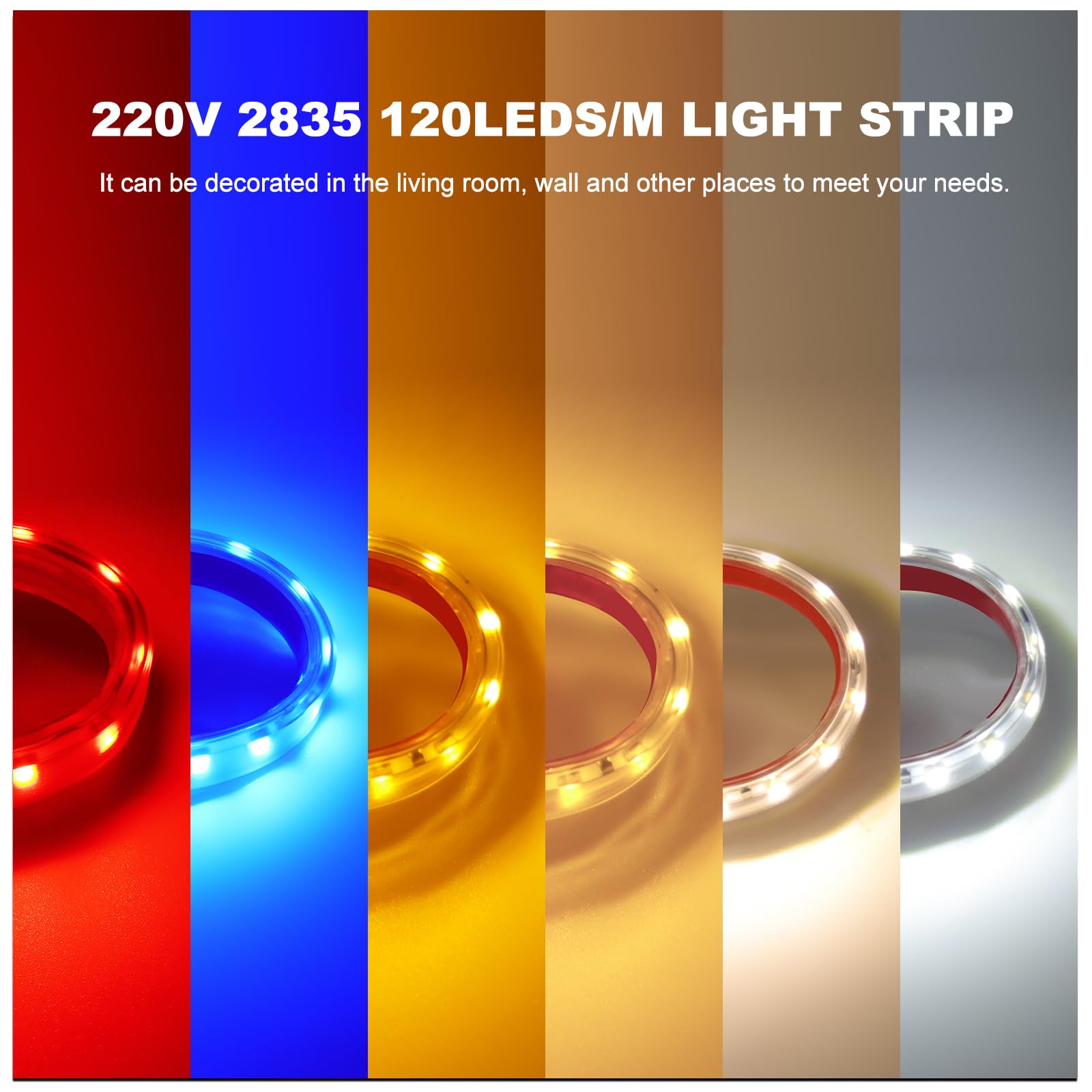 KISUFU 220V Tira de Luz LED, 120 LEDs/m SMD 2835 10cm cuttable Tiras Luces LED IP65 Impermeable Pegamento de doble cara light Strip para Dormitorio,Exterior Decoración de Cocina