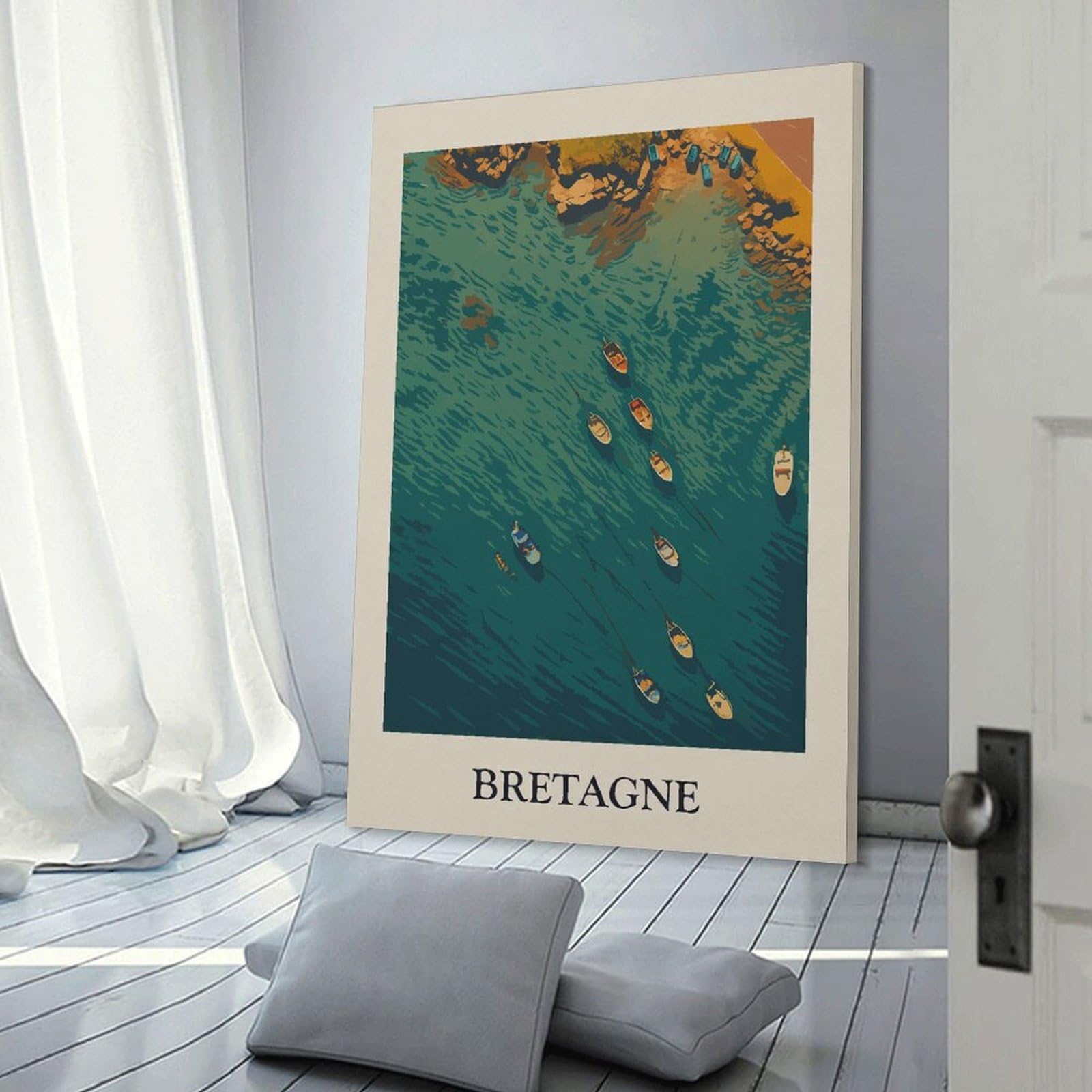 Junmoney Bretagne Coastal Boats Art Print Canvas Art Print, 20x30inch(50x75cm), for Bedroom, Lounge Or Dressing Area, Canvas Wall Decor for Personal Spaces