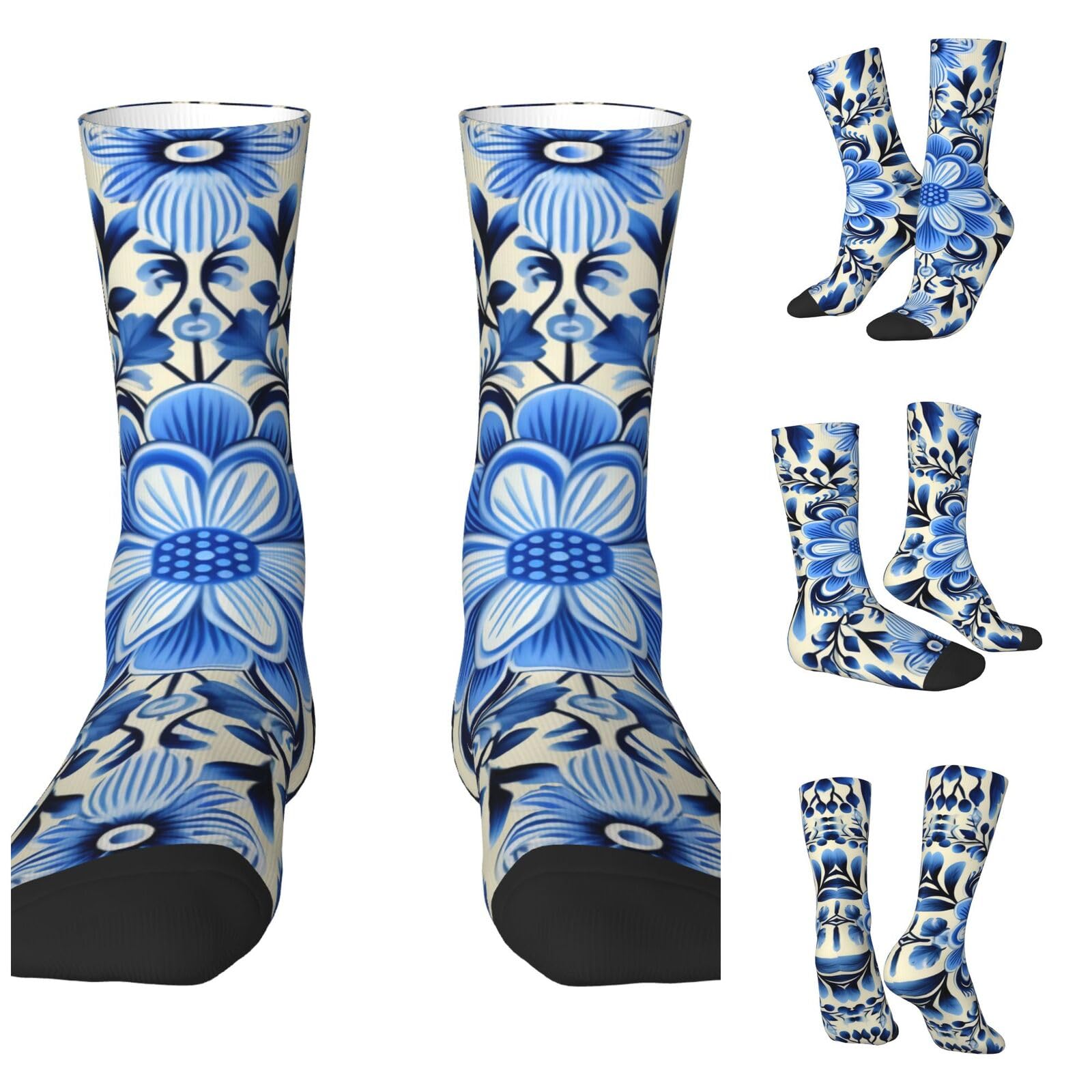 LZQPOEAS Blue Folk Art Athletic Socks Unisex Cushioned Crew Socks Hiking Running Calf Sock Soft Above Ankle Sock