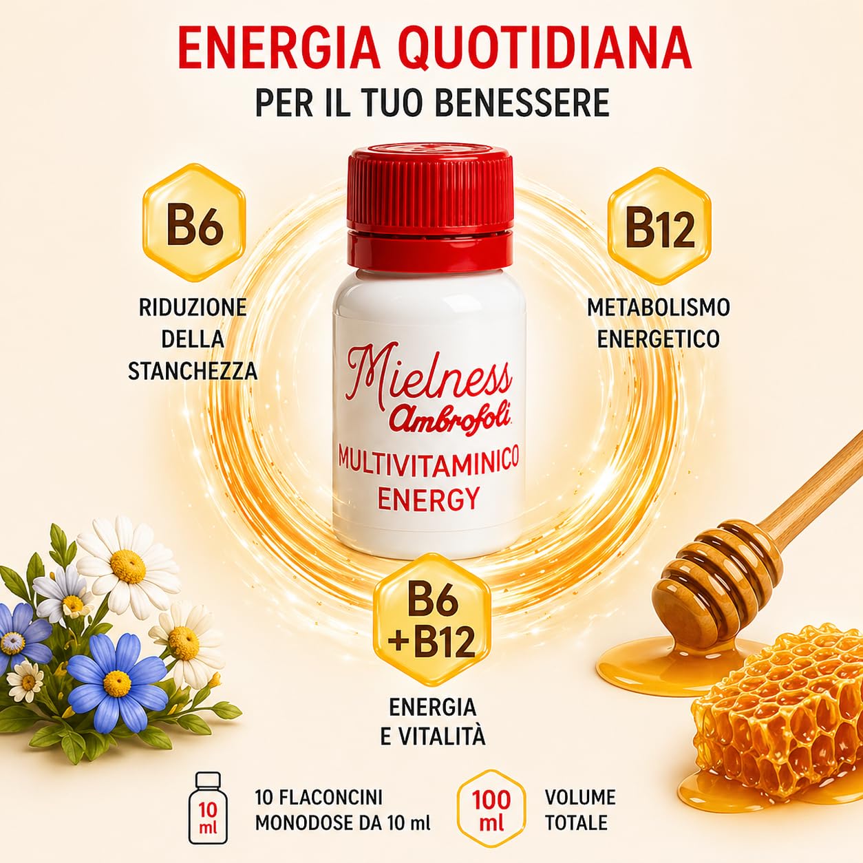 Ambrosoli Multivitaminico Energy con Miele – Integratore Stanchezza e Affaticamento – Vitamine B6 B12 – Metabolismo Energetico – 10 Flaconcini 10ml (Confezione da 2)