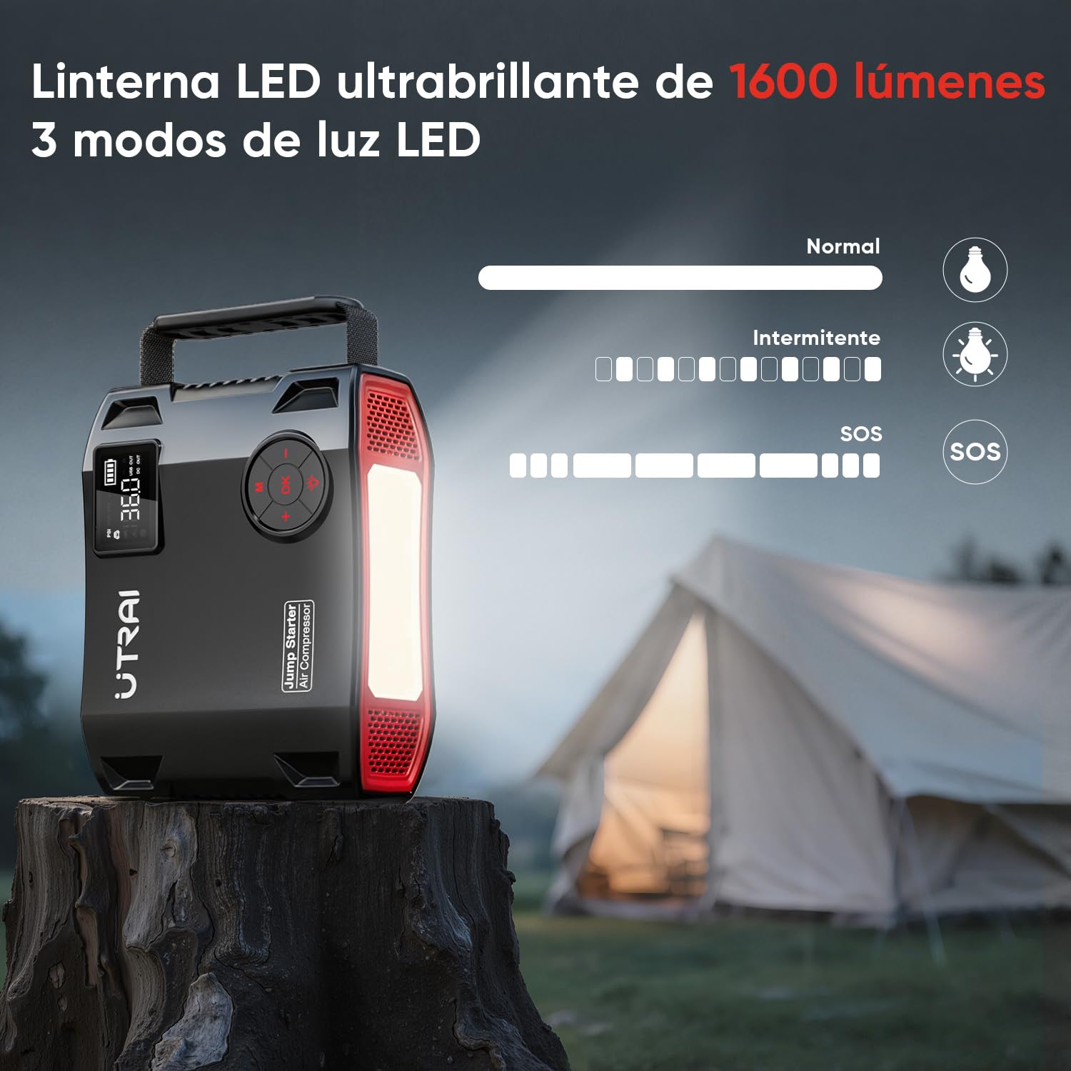 27000mAh Arrancador de Baterías de Coche con Compresor de Aire/18W Carga Rápida/Luz LED de 1600 lúmenes/160W DC out/Pantalla LCD/Carga rápida 3.0(All Gas o 12L Diesel) UTRAI 8000A Jump Starter