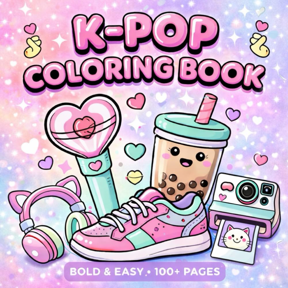 K-Pop Coloring Book: Bold and Easy Aesthetic: 50+ Kawaii Korean Inspired Designs for Teens and Adults - Simple Outlines of Idol Fashion, Boba Tea, Skincare, and Cute Food for Stress Relief