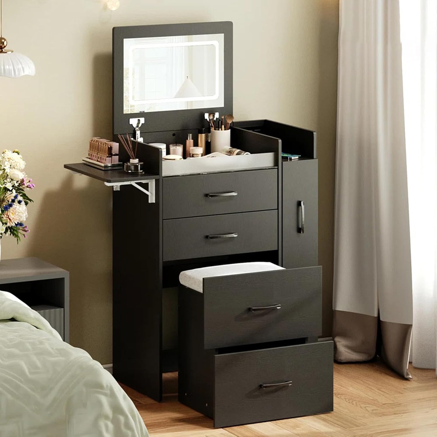 Herture 3 in 1 Vanity Desk with Flip Top Mirror, LED Lights, Side Cabinet,Collapsible Desk Panel, Hidden Stool with Storage, Small Makeup Vanity Table with Power Outlets, Compact Vanity, Black PT01DTB