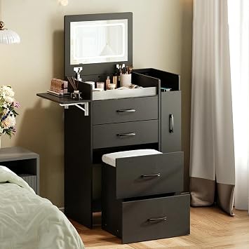 Herture 3 in 1 Vanity Desk with Flip Top Mirror, LED Lights, Side Cabinet,Collapsible Desk Panel, Hidden Stool with Storage, Small Makeup Vanity Table with Power Outlets, Compact Vanity, Black PT01DTB