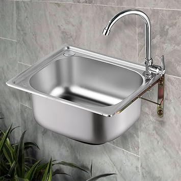 Kitchen Sink Bathroom Hand Wash Basin, Stainless Steel Space Saver Hand Wash Sink with Faucet and Drain, Utility Sink Single Bowl Sink for Restaurant, Kitchen and Home Size 50x40cm
