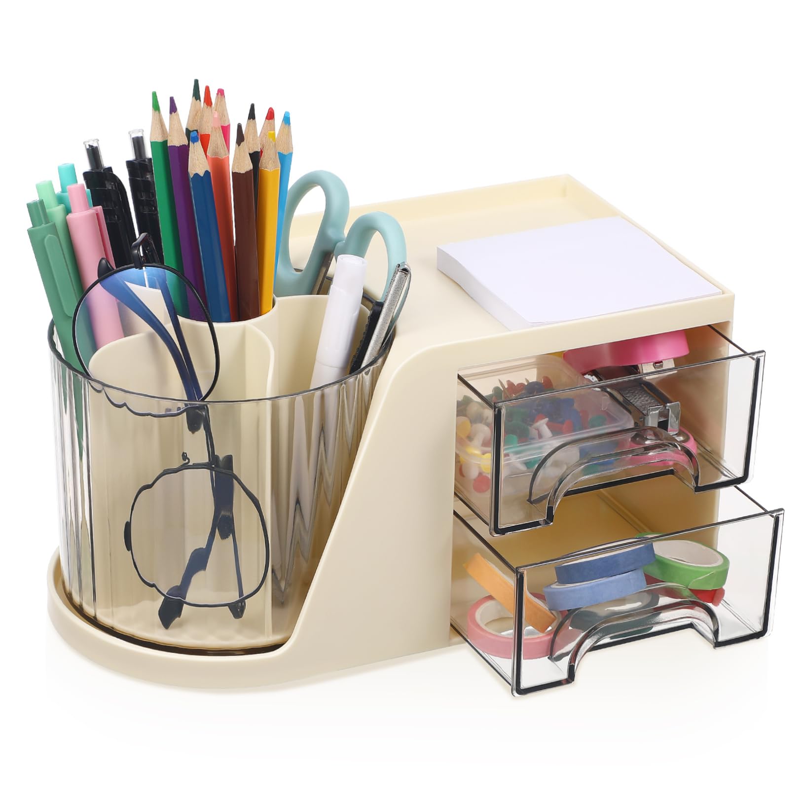 Schreibtisch Organizer mit Drehbar, Doppelte Schubladen, Kunststoff, Beige