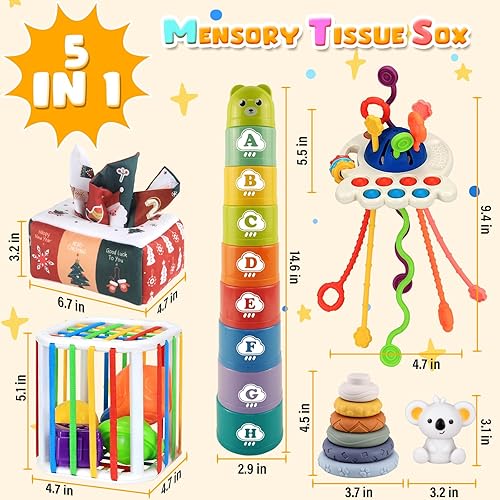 Miniatura 6 de Juguetes 5 en 1 para bebés de 6 a 18 meses, juguetes sensoriales Montessori para bebés, juego de juguetes infantiles incluye clasificador de formas,