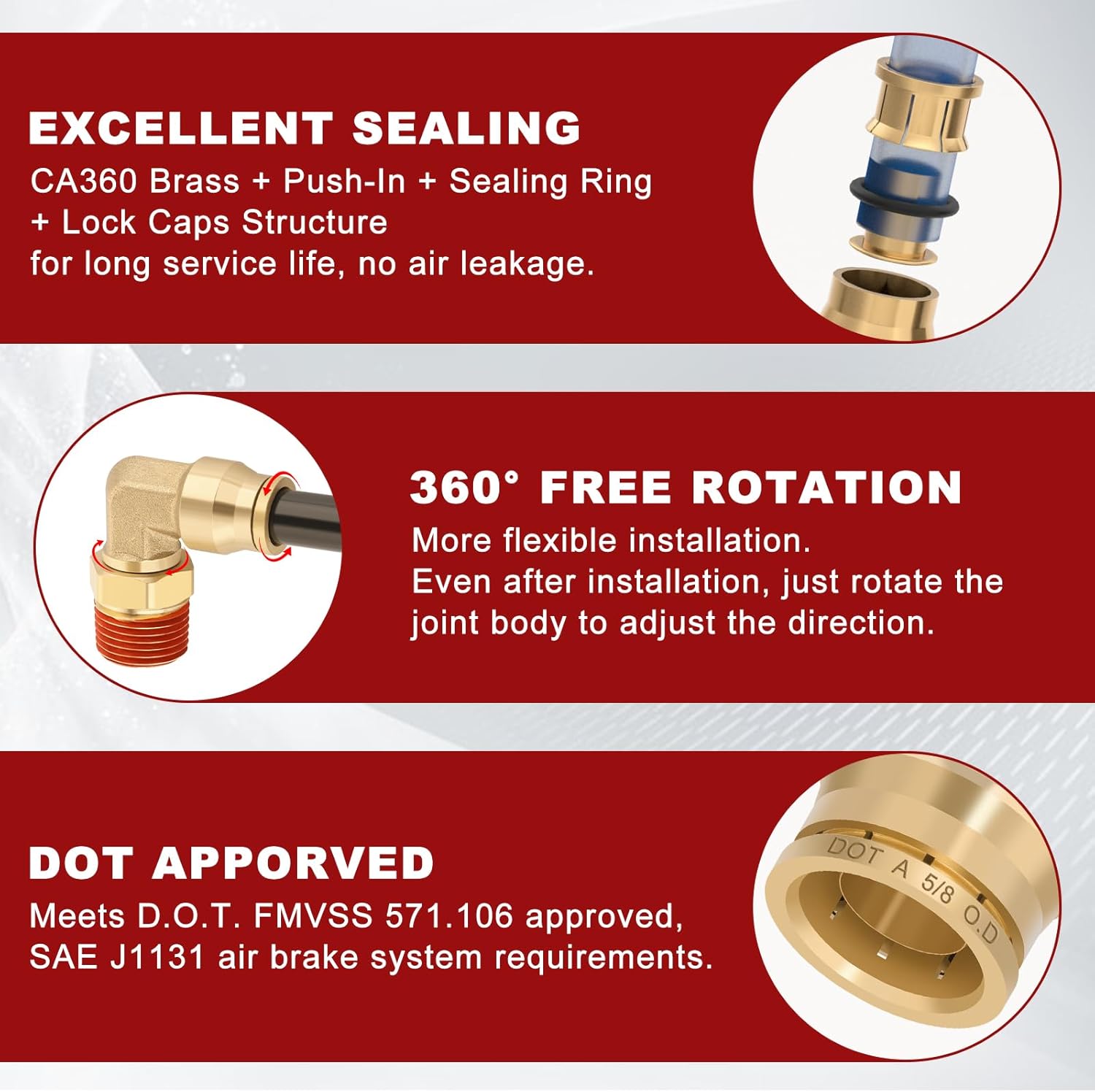 5/8" Quick Push to Connect Fittings Brass 90 Degree Union Swivel Elbow Joint DOT Approved 5/8" Tube OD x 1/2" NPT Thread Air Brake Line Adapter Air Suspension Kit for Car Truck Trailers 5pcs