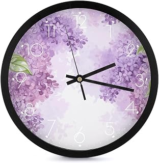 Reloj de pared con diseño de flores en flor de color lila, funciona con pilas, silencioso, sin tictac, analógico, moderno, redondo, decorativo, digital, para sala de estar, baño, cocina, aula