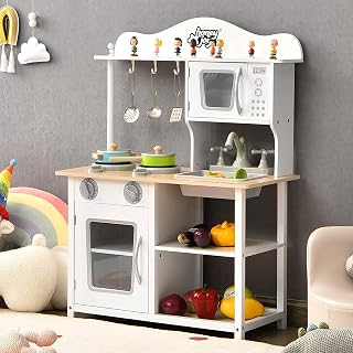 HONEY JOY Play Kitchen, Wooden Toddler Kitchen Playset with Microwave, Sink, Stove & Oven, Cooking Accessories, Storage Shelf, Little Chef Pretend Play Toy Kitchen Set, Gift for Boys Girls (White)