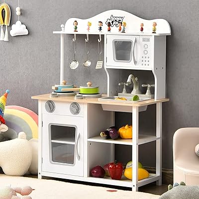 HONEY JOY Kids Kitchen Playset, Toddler Wooden Play Kitchen w/Sink, Stove & Oven, Cookware Utensils, Large Storage Cupboard & Shelf, Pretend Play Toy Kitchen Set for Boys Girls Age 3+, White