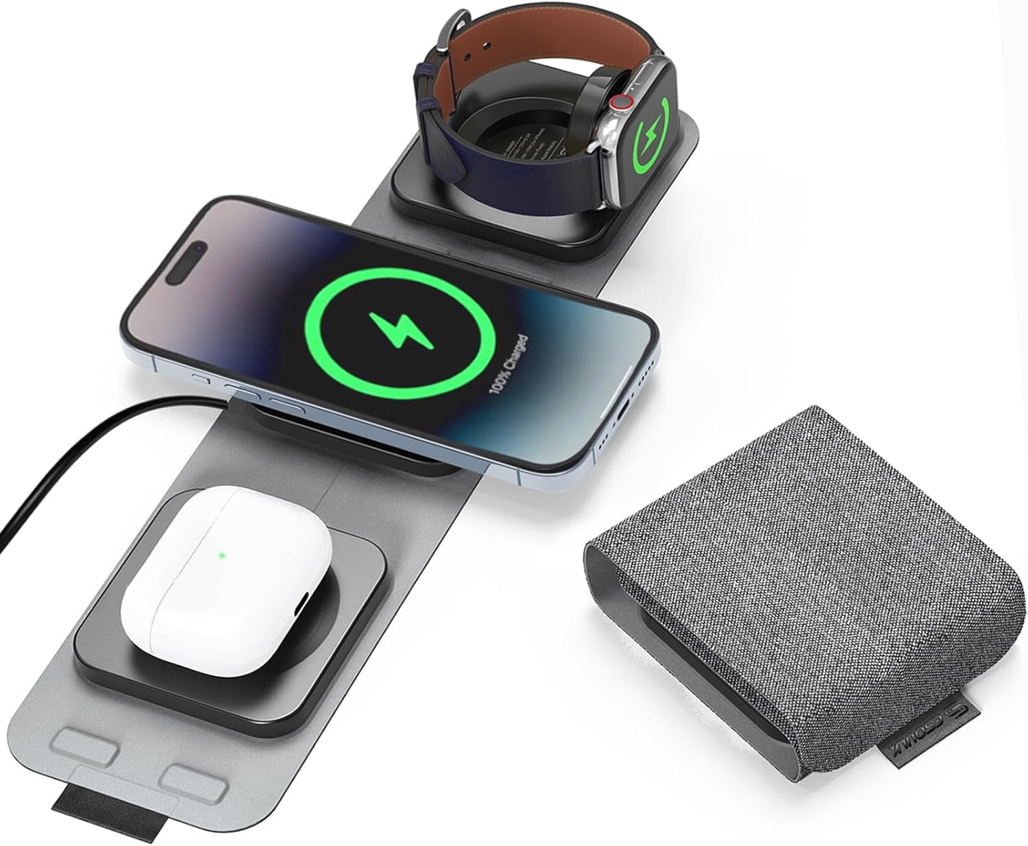 Esoulk 3-in-1 Wireless Travel Charger for iPhone, Airpods, Apple Watch - 15W 5W 2.5W for Smart Phone Watch Compact Foldable Travel Pocket Size Compatible with iPhone Air 17 16 16e 15 14 13 12 Pro Max