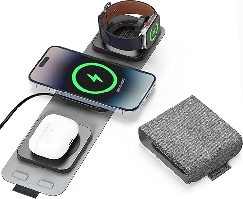 Estación de carga inalámbrica para iPhone, Apple Watch, AirPods, cargador de viaje plegable 3 en 1, compatible con MagSafe