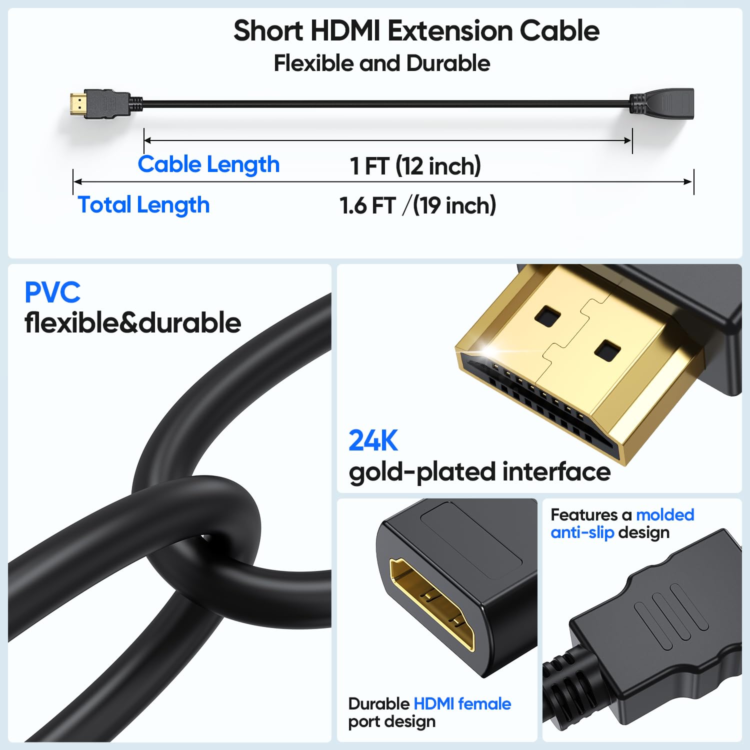 Cable extensor HDMI 4K corto de 1 pie/12 pulgadas, paquete de 5 unidades, extensión HDMI 2.0 blindada a granel cable nominal CL3 macho a hembra 4K, 1080P a 144Hz, clasificación ARC y CL3 para Fire TV