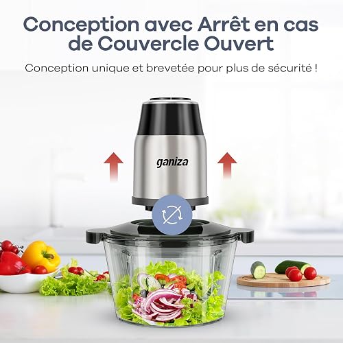 Ganiza Hachoir de Cuisine Électrique 500W, Robot Hachoir avec 2 Bols 1,8L + 1,8L, 2 Doubles Lames, 2 Vitesses, Mini Hachoir Électrique pour Viande, Légumes, Noix - 6