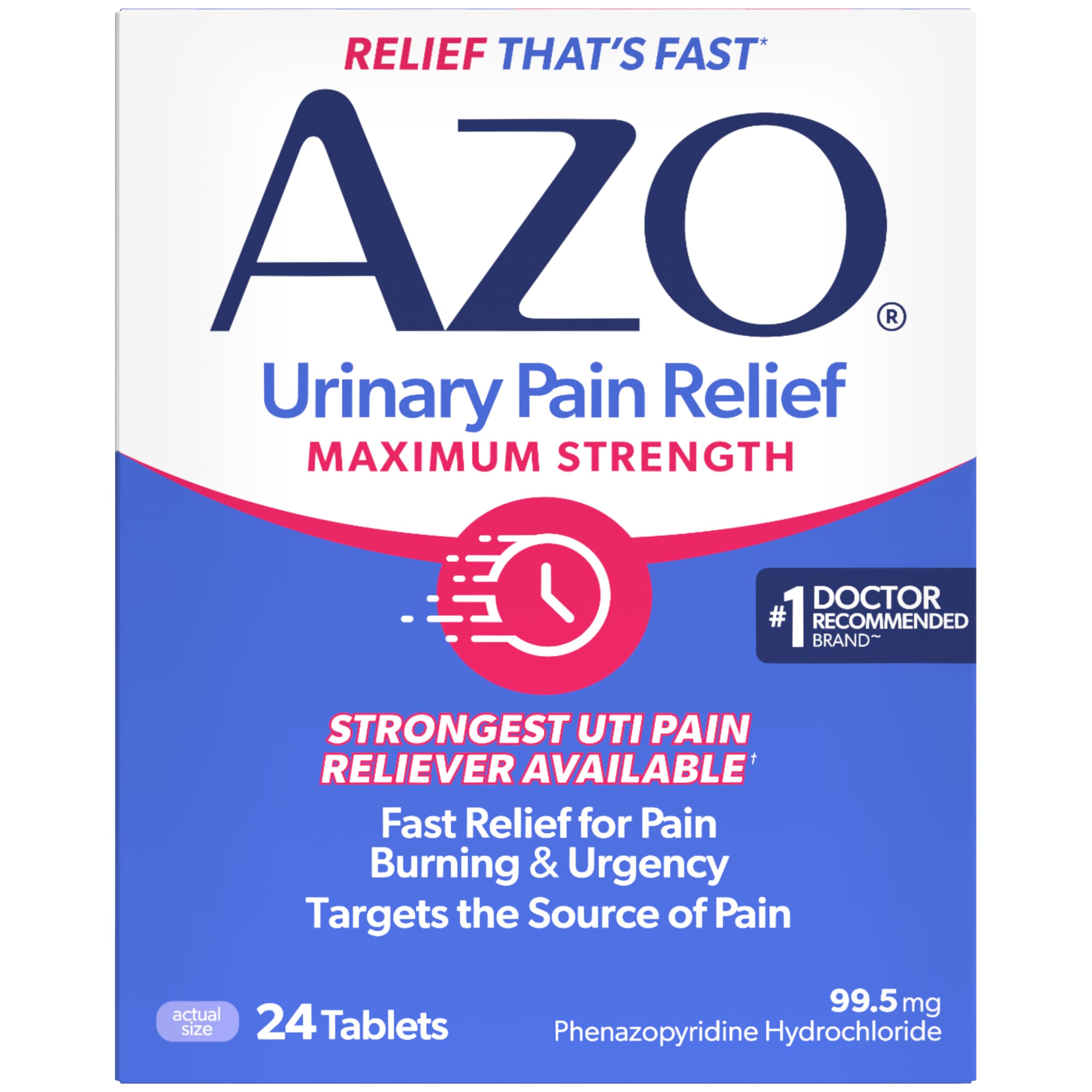 AZO Urinary Pain Relief Maximum Strength, Fast Relief of UTI Pain, 24 Count | From the #1 Doctor Recomended Brand± UTI Symptom Relief in as Little as 20 Minutes, Relieves Urinary Pain, Burning & Urgency*