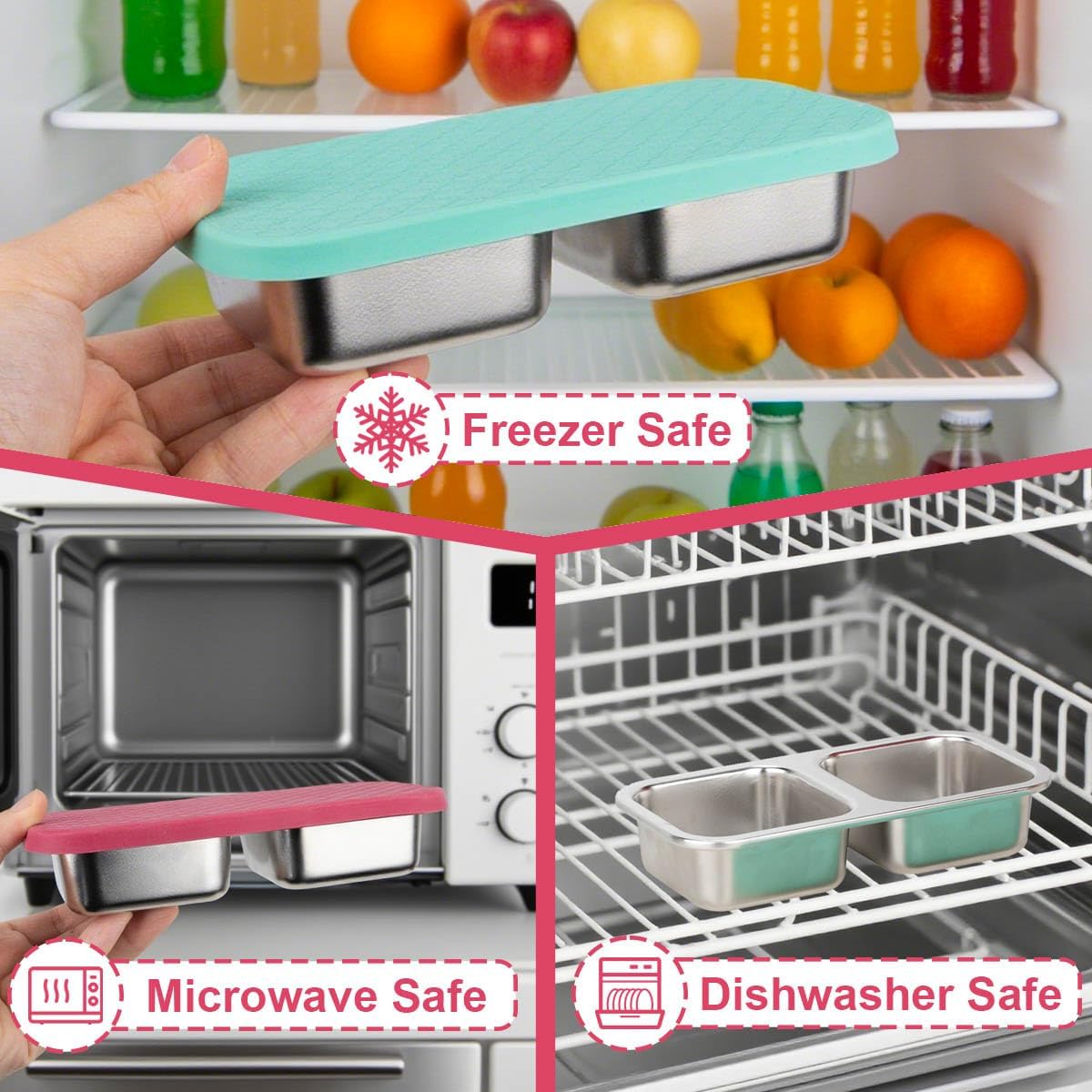 2-Compartment 10oz Stainless Steel Snack Containers, Reusable Snack Containers with Silicone Lids Lunch Box for Meal Prep Food Storage On-the-Go Snacking(2 Pack) - Image 3