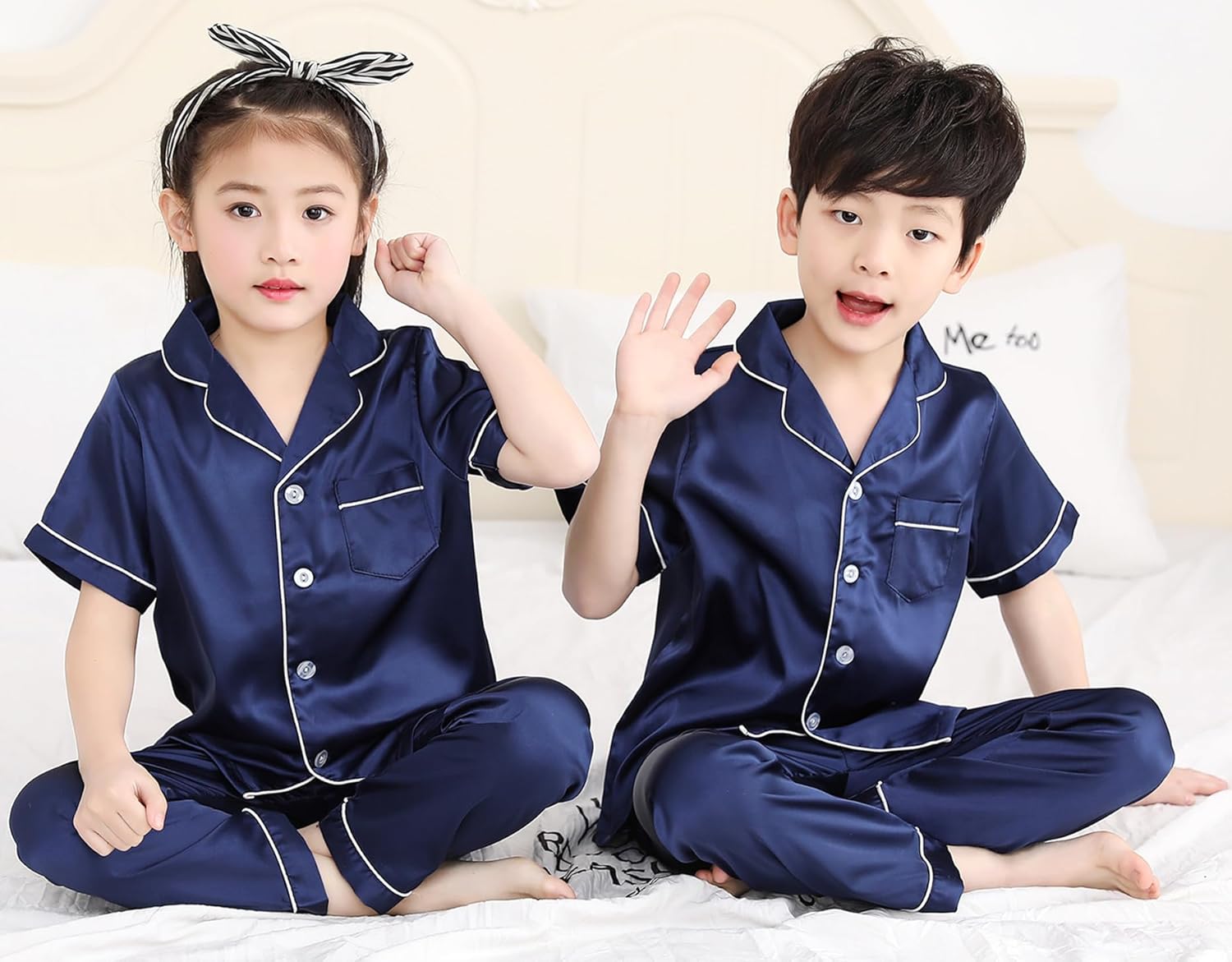 Girls Boys Silky Satin Pajamas Set 3 Pcs for Kid Children Silk pjs Set Sleepwear Button-up Nightwear - Image 2