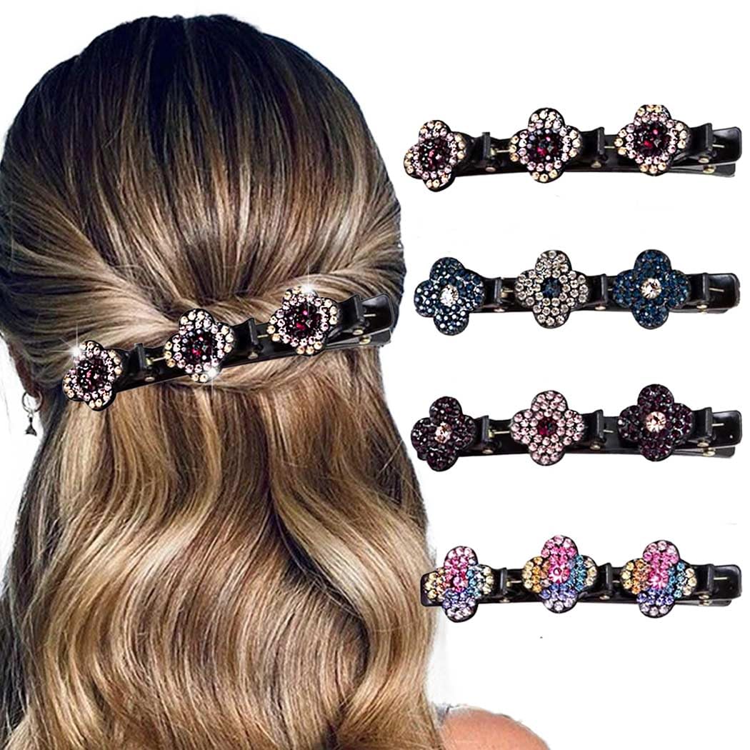 Outyua Braided Hair Clips for Women Sparkling Crystal Stone Hair Clip Rhinestone Four-Leaf Clover Chopped Hairpins Duckbill Clips 4Pcs