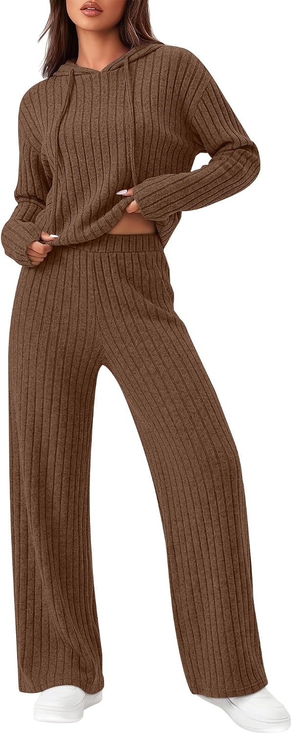 Huukeay Women's 2 Piece Lounge Set Fall Matching Outfits Ribbed Knit Sweater Hoodie Pants Loose Casual Airport Track Clothes