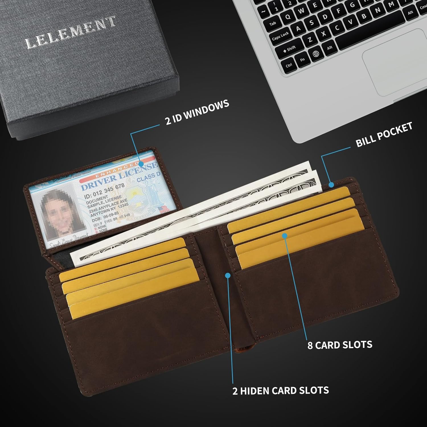 LELEMENT Genuine Leather Bifold Wallet for Men – Slim Minimalist Wallet with RFID Blocking, Multiple Card Slots, Cash Pocket – Soft Full-Grain Leather – Gift-Ready Box Included - Image 7