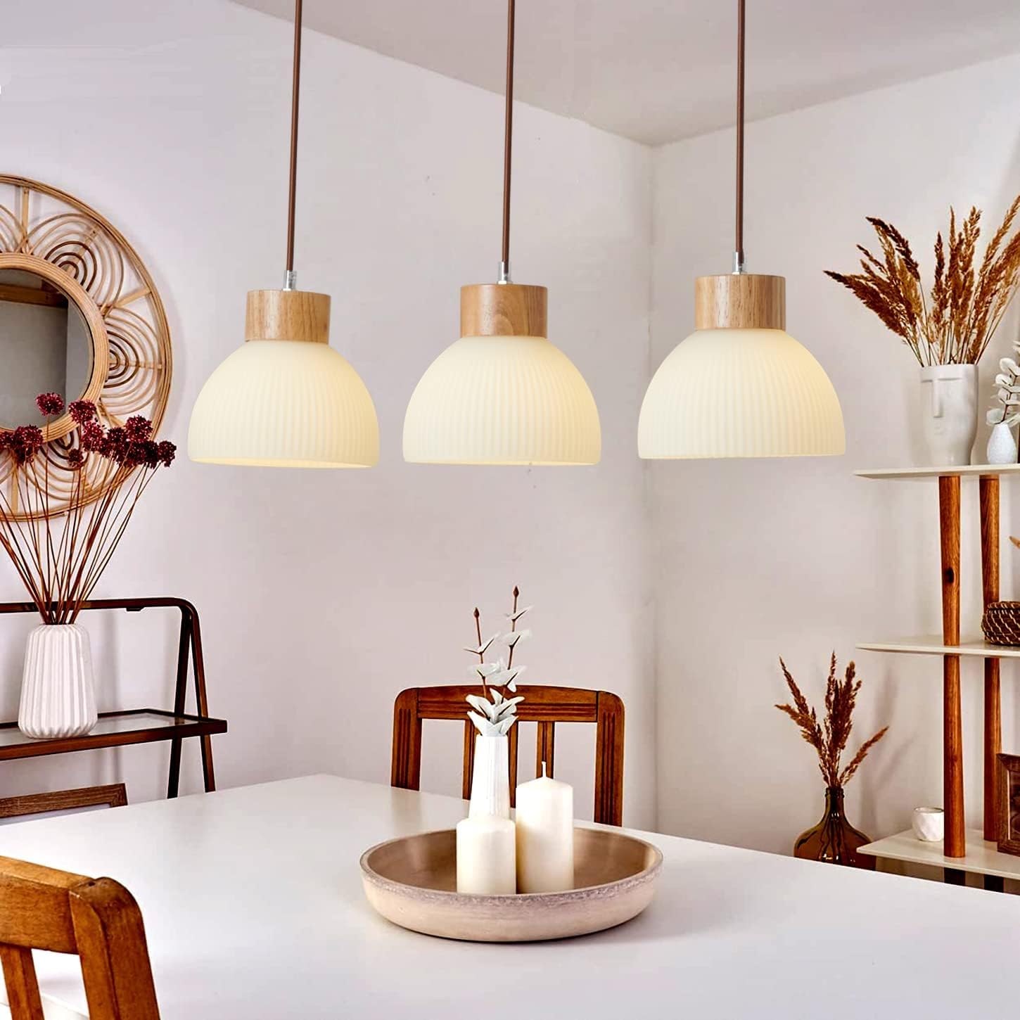 Moderne Industrial Pendelleuchte 3-flammig aus Holz mit Glas-Dekor, verstellbares Kabel E27 Hängeleuchte für Wohnzimmer, Esszimmer, Büro & Hotel