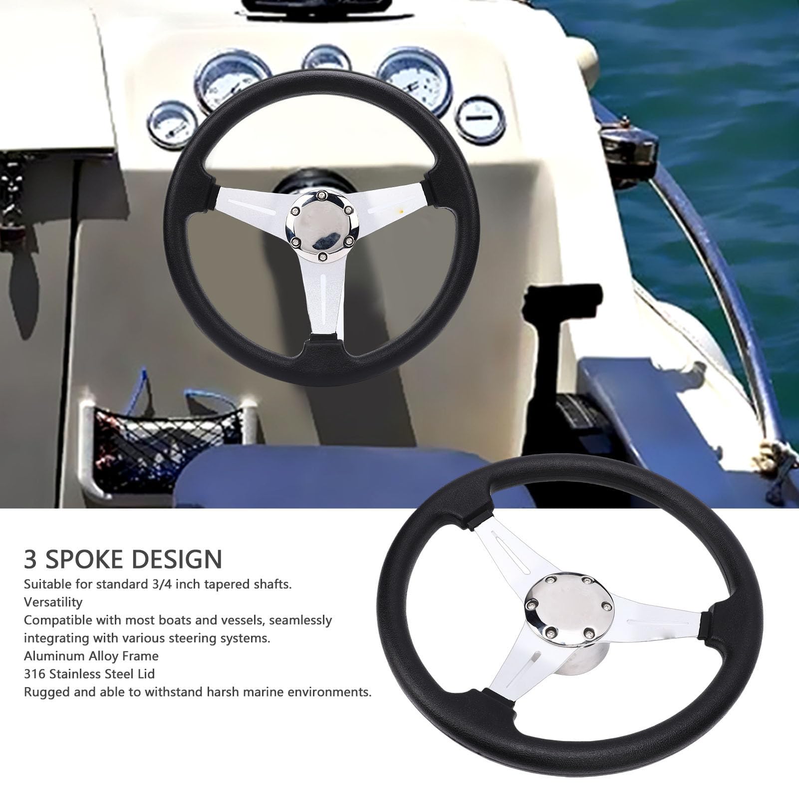 Volante de Barco Volante Marino Duradero de Aleación de Aluminio de 3 Radios para Barcos Yates 13,7 Pulgadas