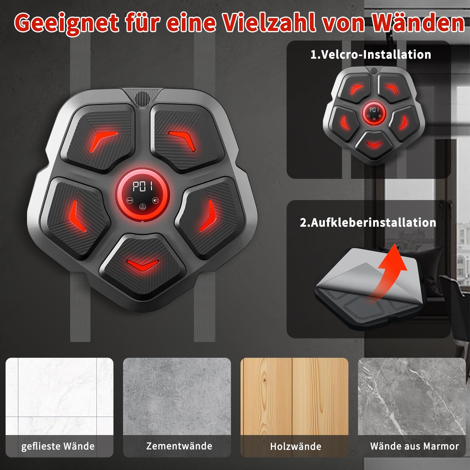 Musik Boxmaschine, intelligente Bluetooth-Boxmaschine zur Wandmontage für Heimübungen, Dekompressionsboxen mit Boxhandschuhen, Boxtrainingsgerät für Erwachsene Kinder