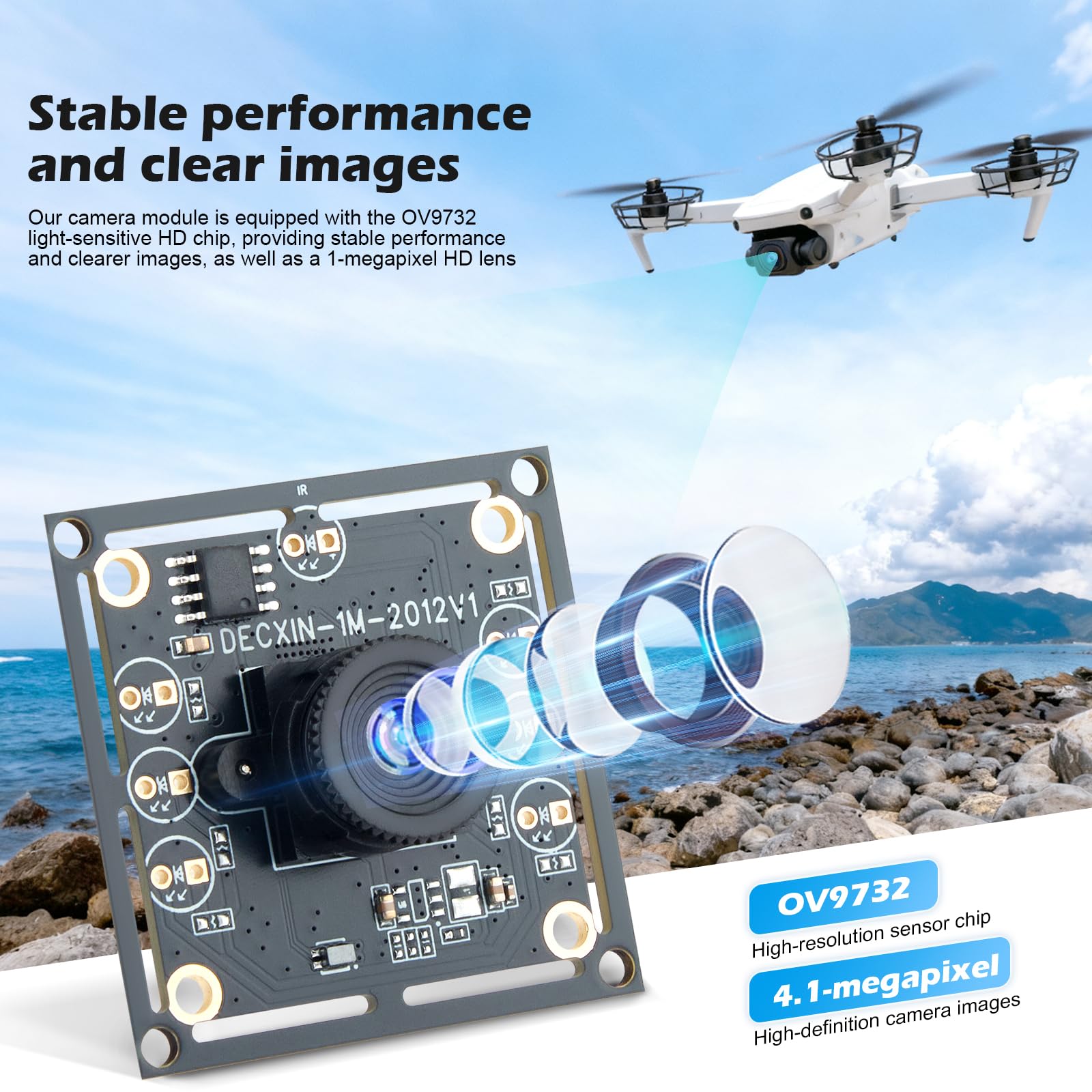 OV9732 - Modulo per fotocamera, USB, grandangolo 100°, 1280 x 720 30 FPS HD, compatibile con sistema per auto, cavo da 2 m, sensore di immagine trasparente per un tracciamento preciso del