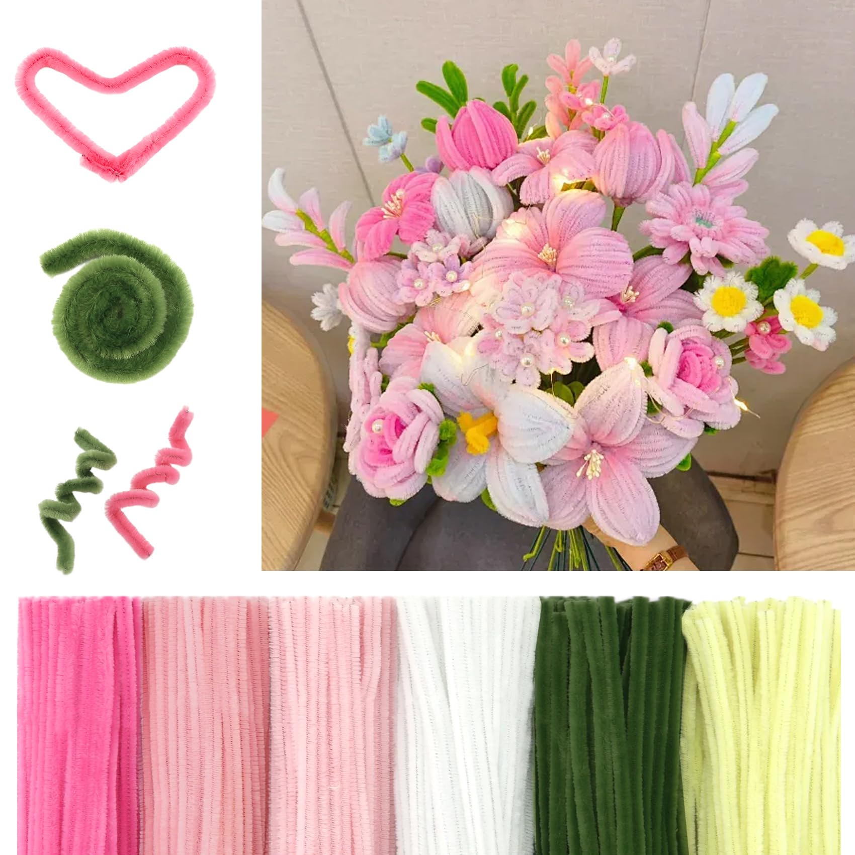 Micvtve 600 Pcs Pipe Cleaners Craft for Flowers, Pastel Chenille Stems for DIY Art Projects Gift(6 Colors), Bulk Fuzzy Pipe Cleaner Flower Kit, Ideals for Party Decor (Pink)