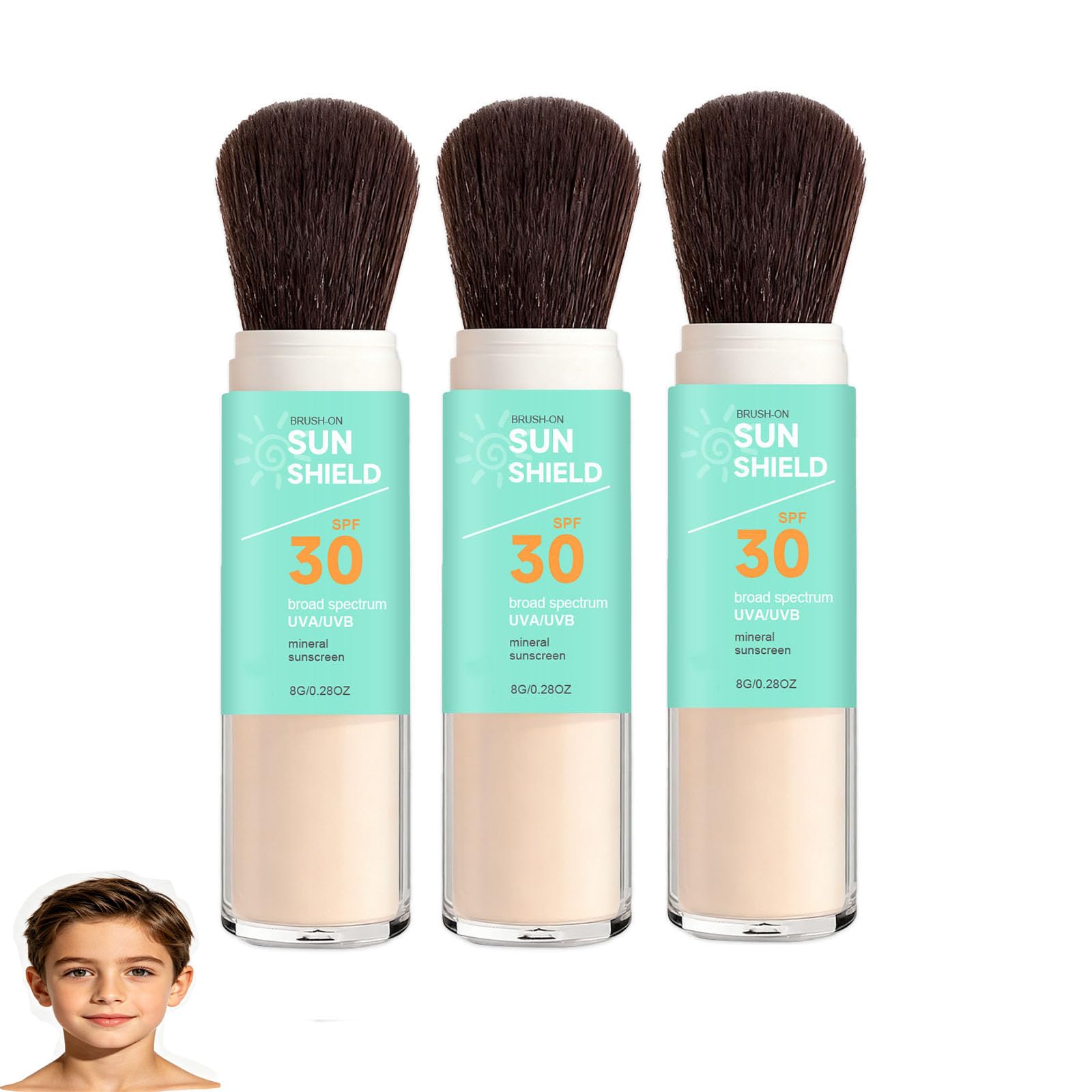 Kids Mineral Sunscreen Powder SPF 30, Scalp unscreen, Brush-On Water Resistant Sun Protection, Protect Face And Scalp, Gentle Hypoallergenic Powder Sunscreen for Children,Sensitive Skin (3PCS)