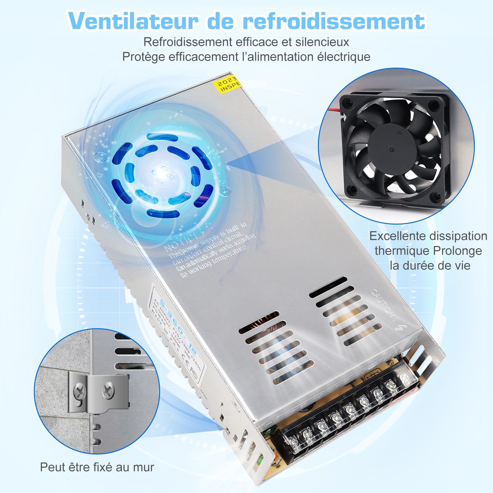 inShareplus Alimentation 12V 30A 360W pour LED, Alimentation à Découpage DC Régulée, Transformateur 230V vers 12V, Adaptateur Secteur pour Ruban LED, Imprimante 3D, Radio, Projets Électroniques