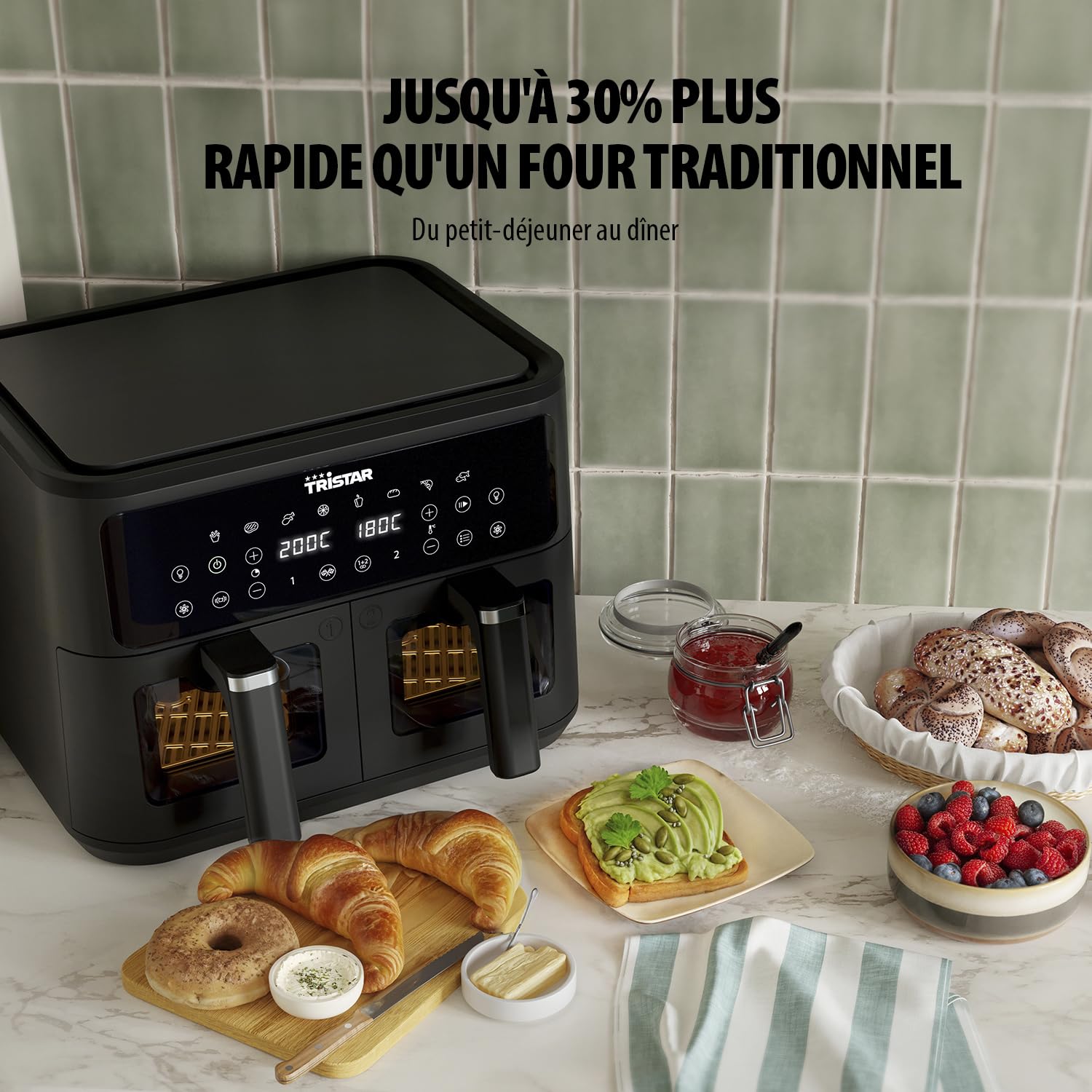 Tristar Friteuse à Air Double Panier, 9 L, 10 Programmes, Écran Tactile, Fenêtres de Cuisson, Sans PFAS, Cuisson Saine Sans Huile, 2500 W, FR-9429, Noir