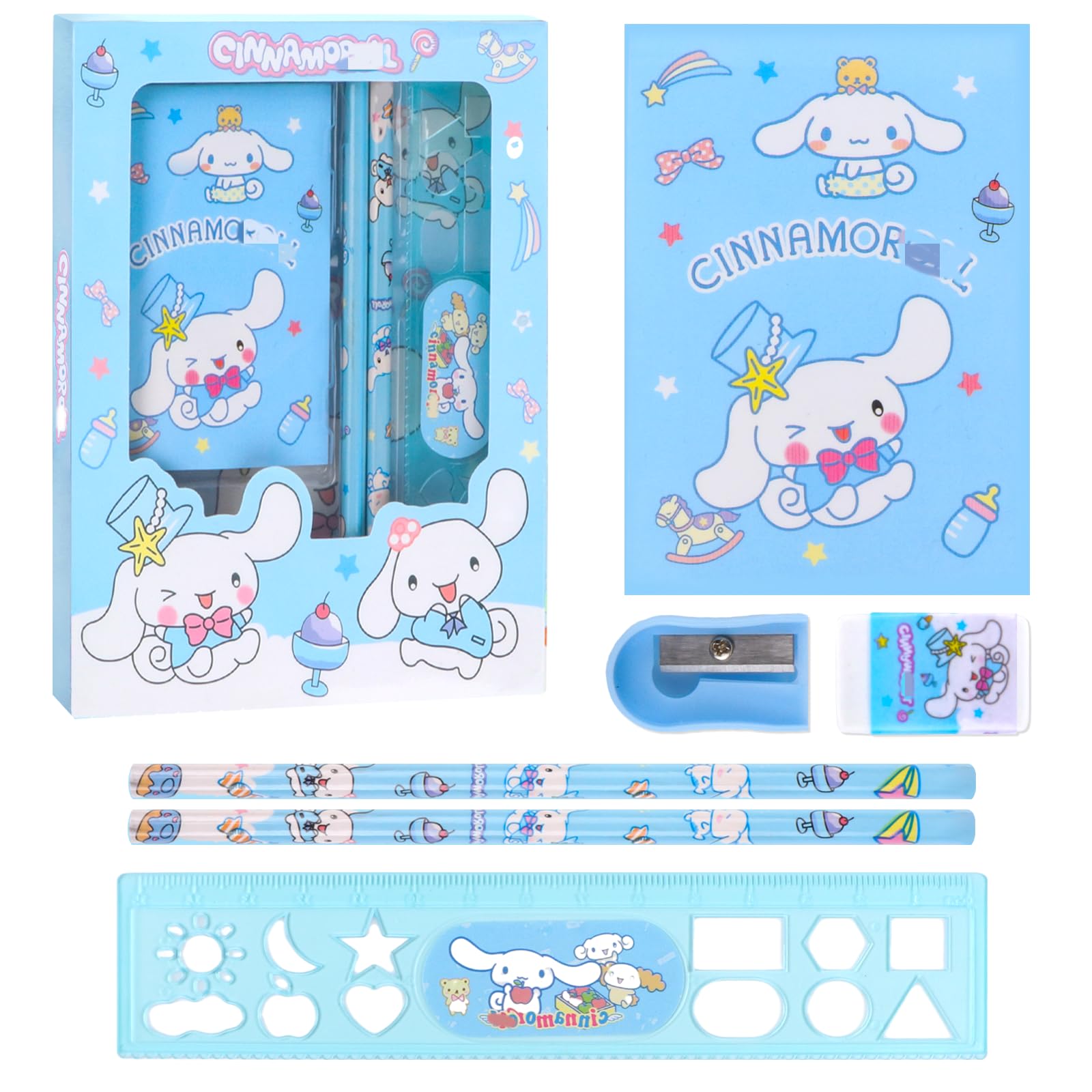 NTGFU Kawaii Stationery Set, Cute Stationery School Supplies Includes Cartoon Notebook Pencil Eraser Pencil Sharpener and Ruler, Christmas Stationery Birthday Gifts for Girls Boys Kids