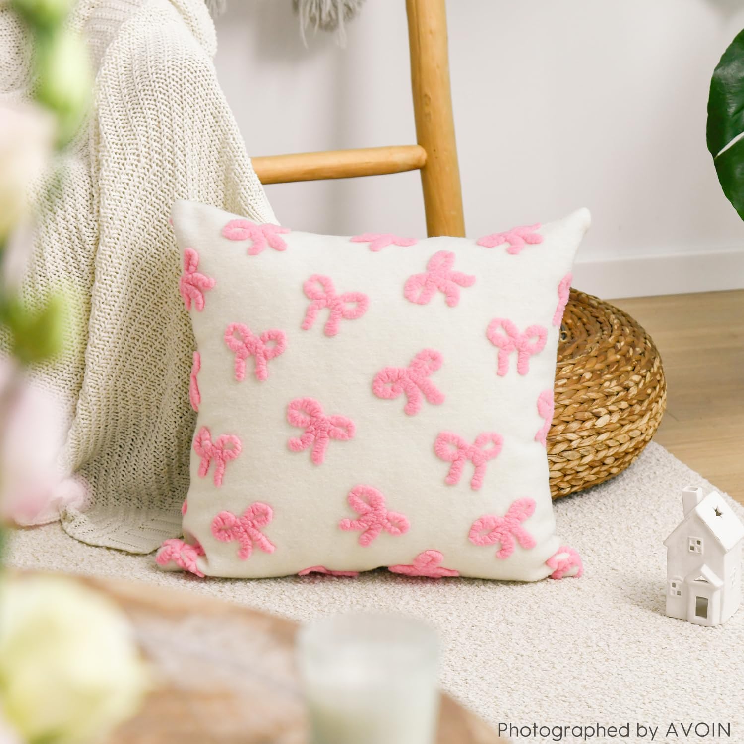 AVOIN colorlife Pink Bow Throw Pillow Covers, 16 x 16 Inch Soft Plush Faux Fur Jacquard Cushion Case Decoration for Girl Gift Bedroom Holiday Home Sofa Couch Set of 2