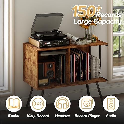 Miniatura 4 de Soporte para Tocadiscos con Tapa Abatible, Mesa Grande para Tocadiscos con Almacenamiento Abierto con Capacidad para hasta 150+ Álbumes, Soporte