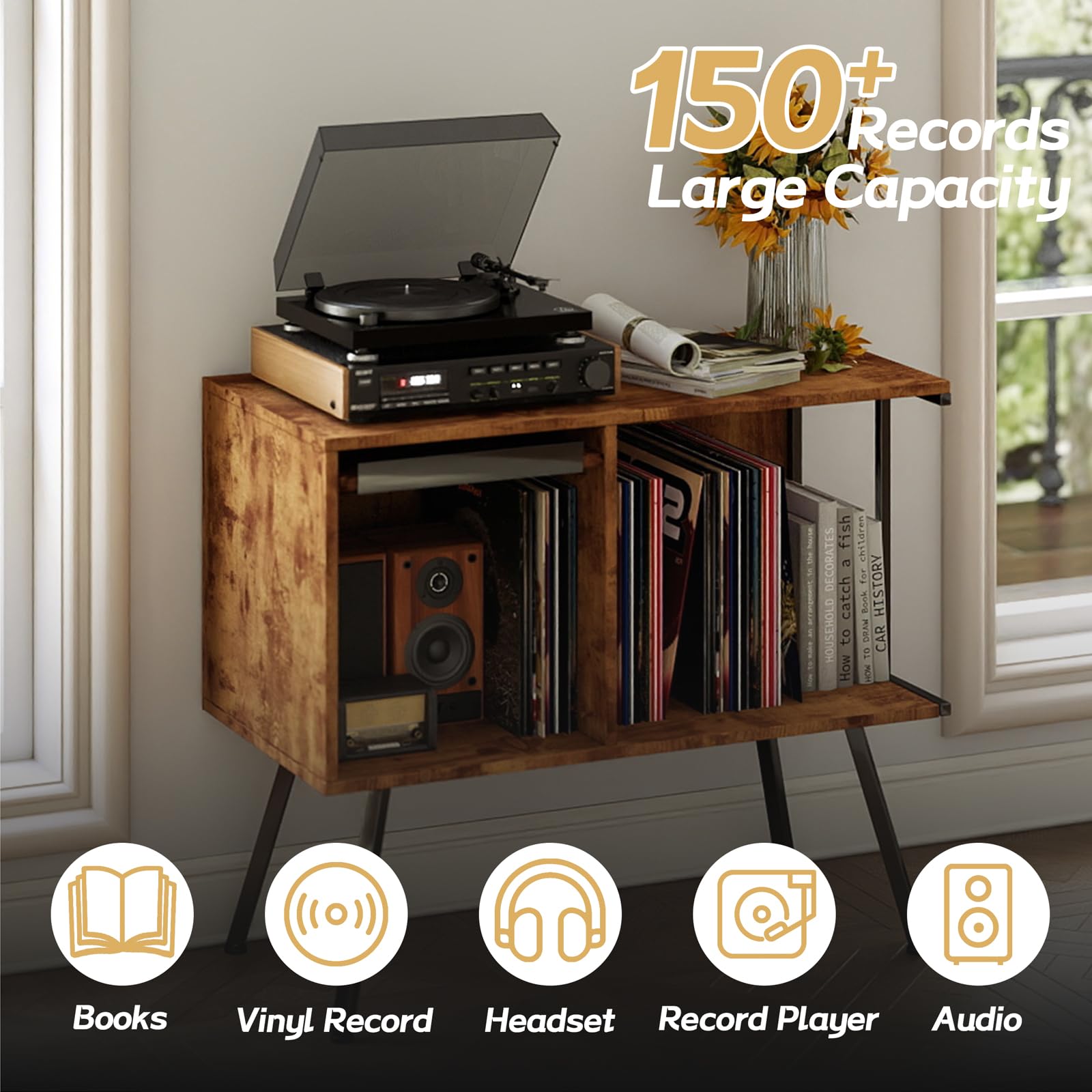 Stojak na gramofon z klapką, duża szafka pomieści do 250 albumów, gramofon z połowy wieku z otwartym schowkiem, półka ekspozycyjna do salonu, sypialni, brązowy
