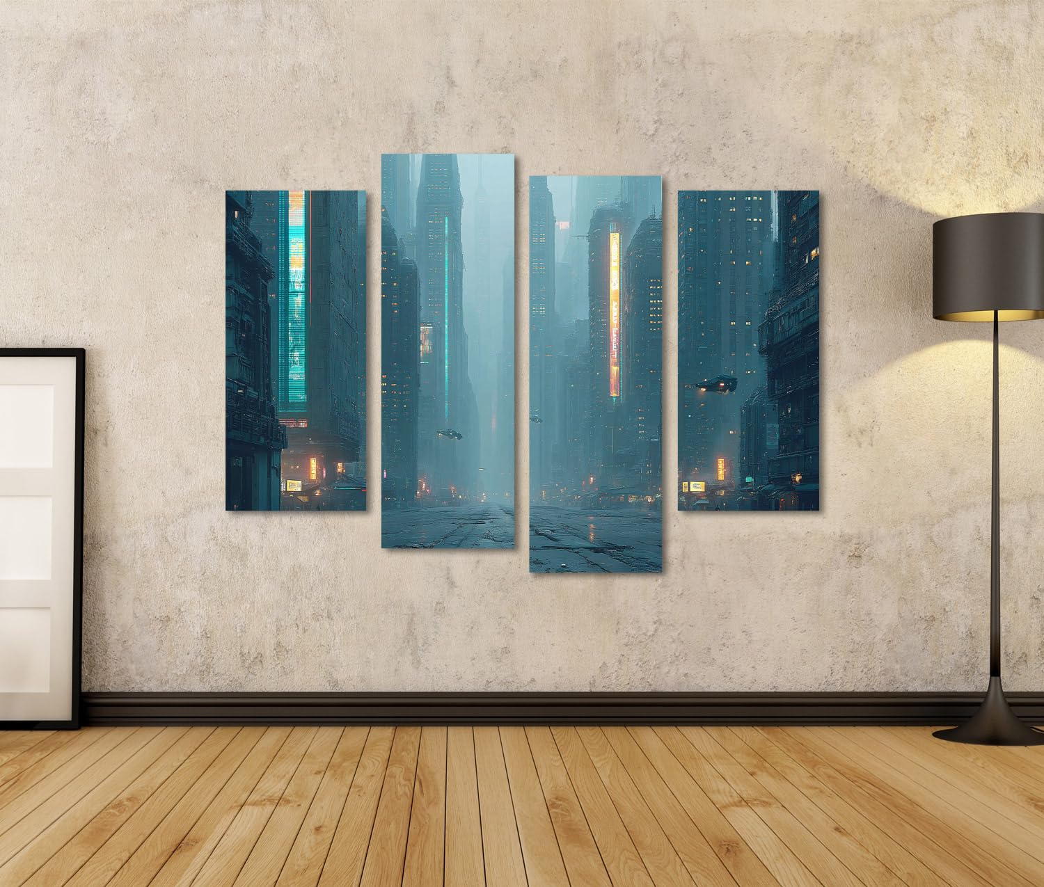 islandburner Quadro su tela Futuristico Cyberpunk City Murale soggiorno per gli appassionati di fantascienza – 4 pezzi