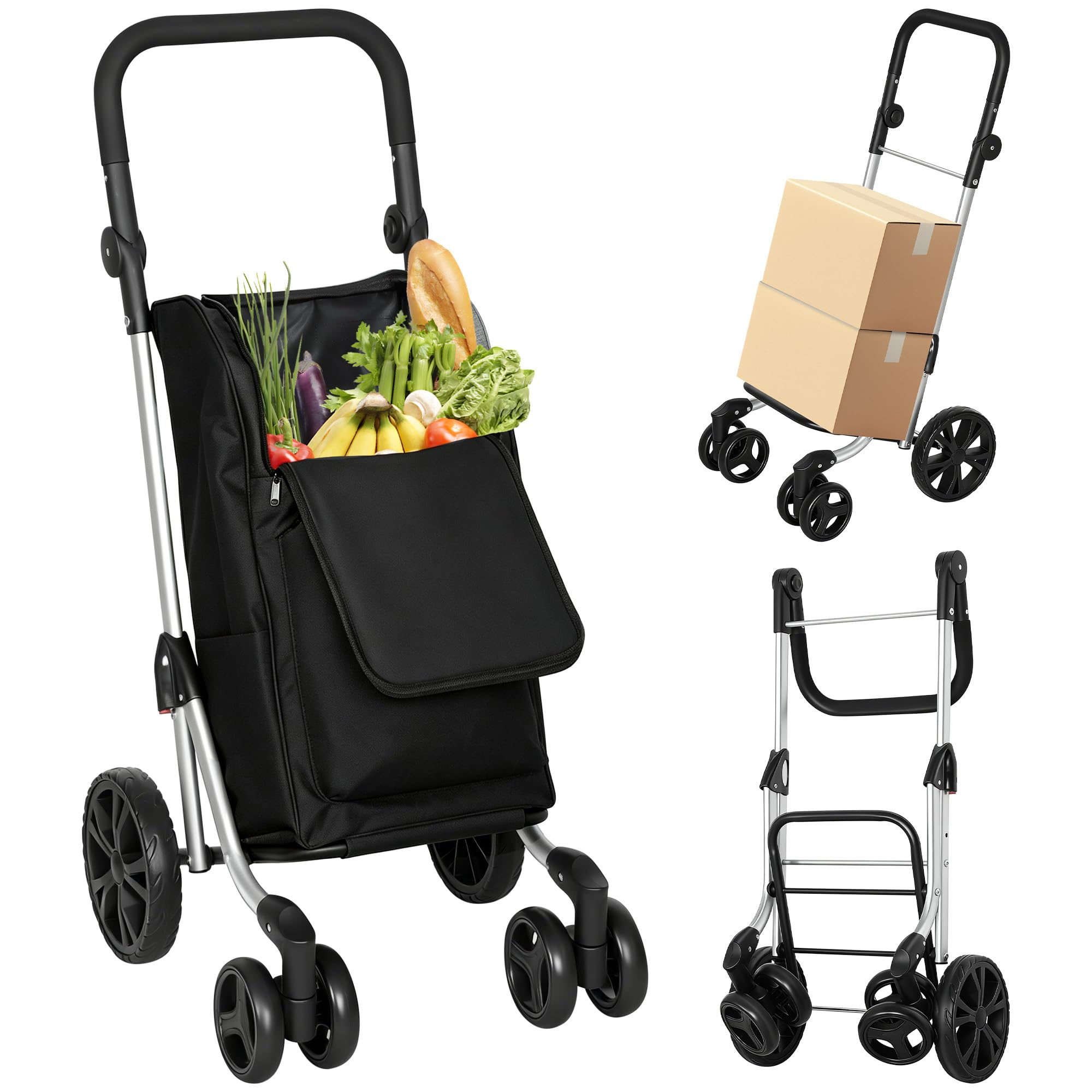 HOMCOM Einkaufstrolley Klappbar mit Kühlfach, 46L, Schwarz | Einkaufswagen, 3in1 Trolley, Sackkarre & Umhängetasche, Verstellbar Griff, Einkaufsroller mit Abnehmbarer Tasche, 6 Rädern