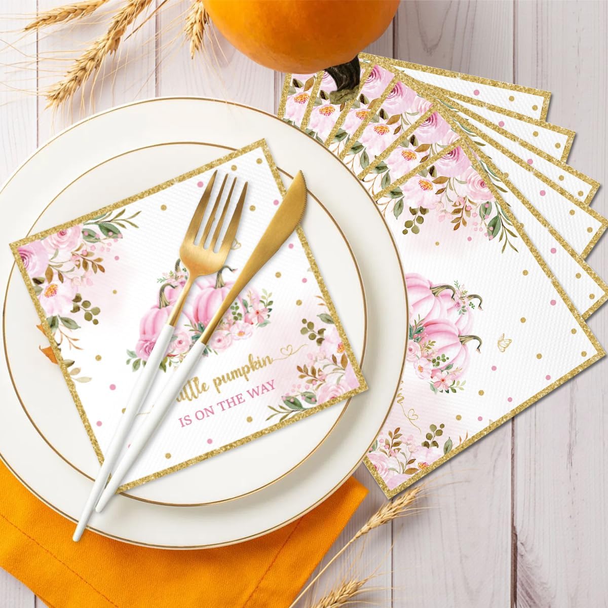 50PCS A Little Pumpkin is on the Way Napkins Fall Little Pumpkin Baby Shower Napkins Autumn Pumpkin Baby Shower Disposable Napkins 6.5" x 6.5"