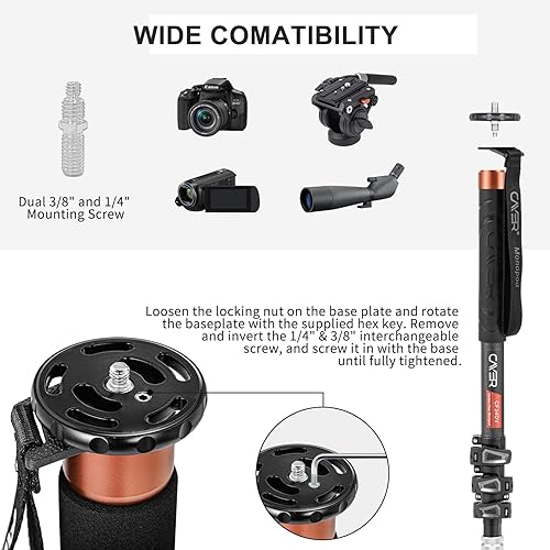 Miniatura 4 de Cayer Piernas monopié de fibra de carbono, cámara telescópica de 68 pulgadas con pies, compatible con cámaras réflex digitales y videocámaras