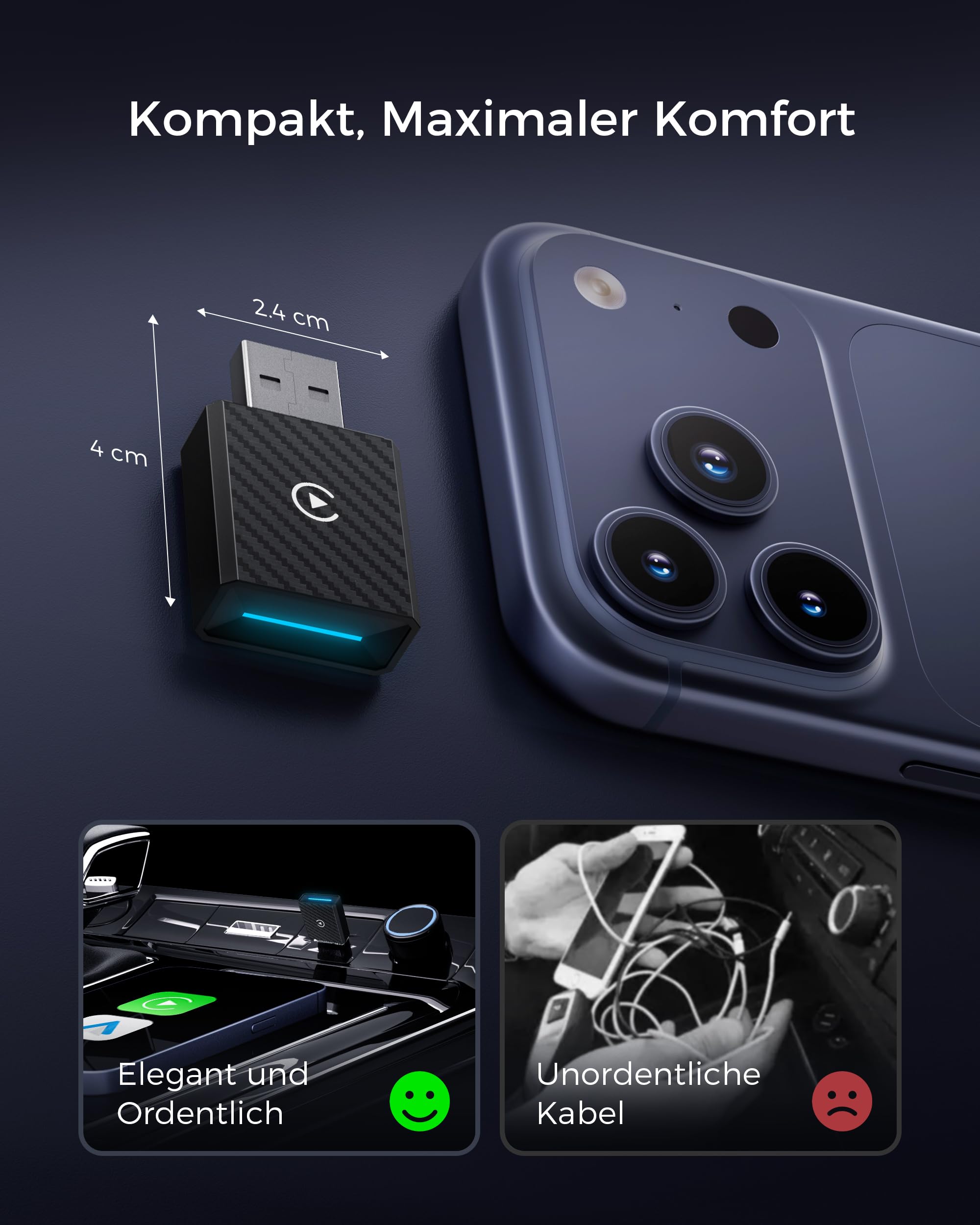 2 In 1 CarPlay und Android Auto Wireless Adapter, Dualband WiFi 6, V5.4 Bluetooth, Schnell & Stabil, Plug & Play, für Apple iPhone iOS 10+, Smartphone Android 11+, Autos seit 2016