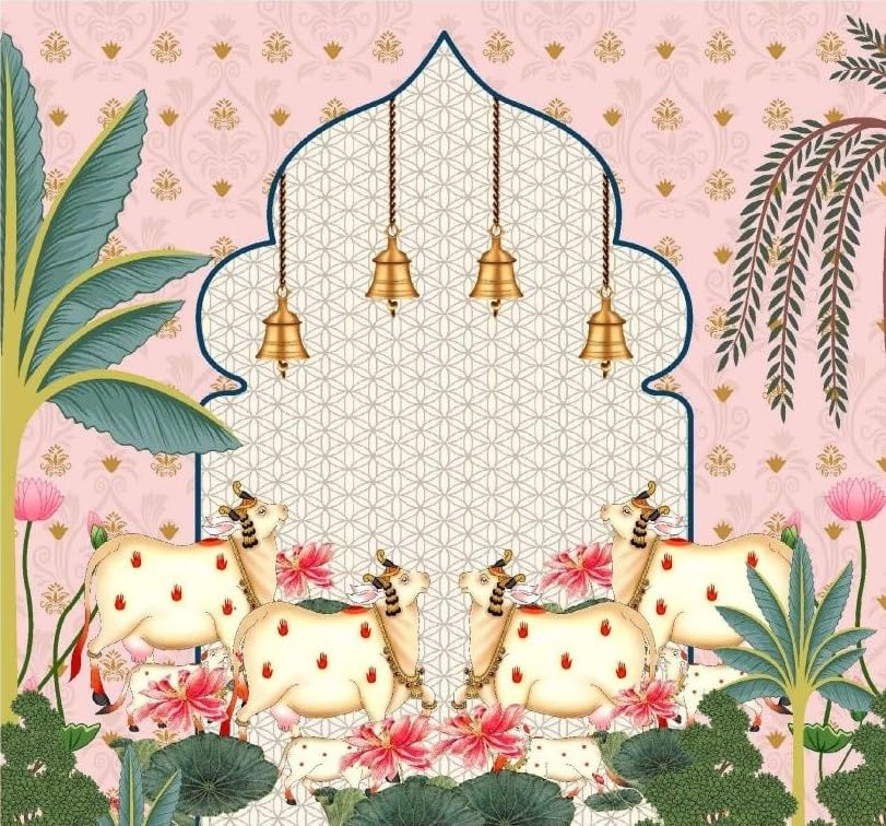Image of varalaxmi Pooja Decoration Background | Pink Bloom & Cows pichwai Backdrop with a Central Traditional Archway and Blooming Lotus Flowers 8x8 Feet | Backdrop Cloth for Decoration Pooja 8x8