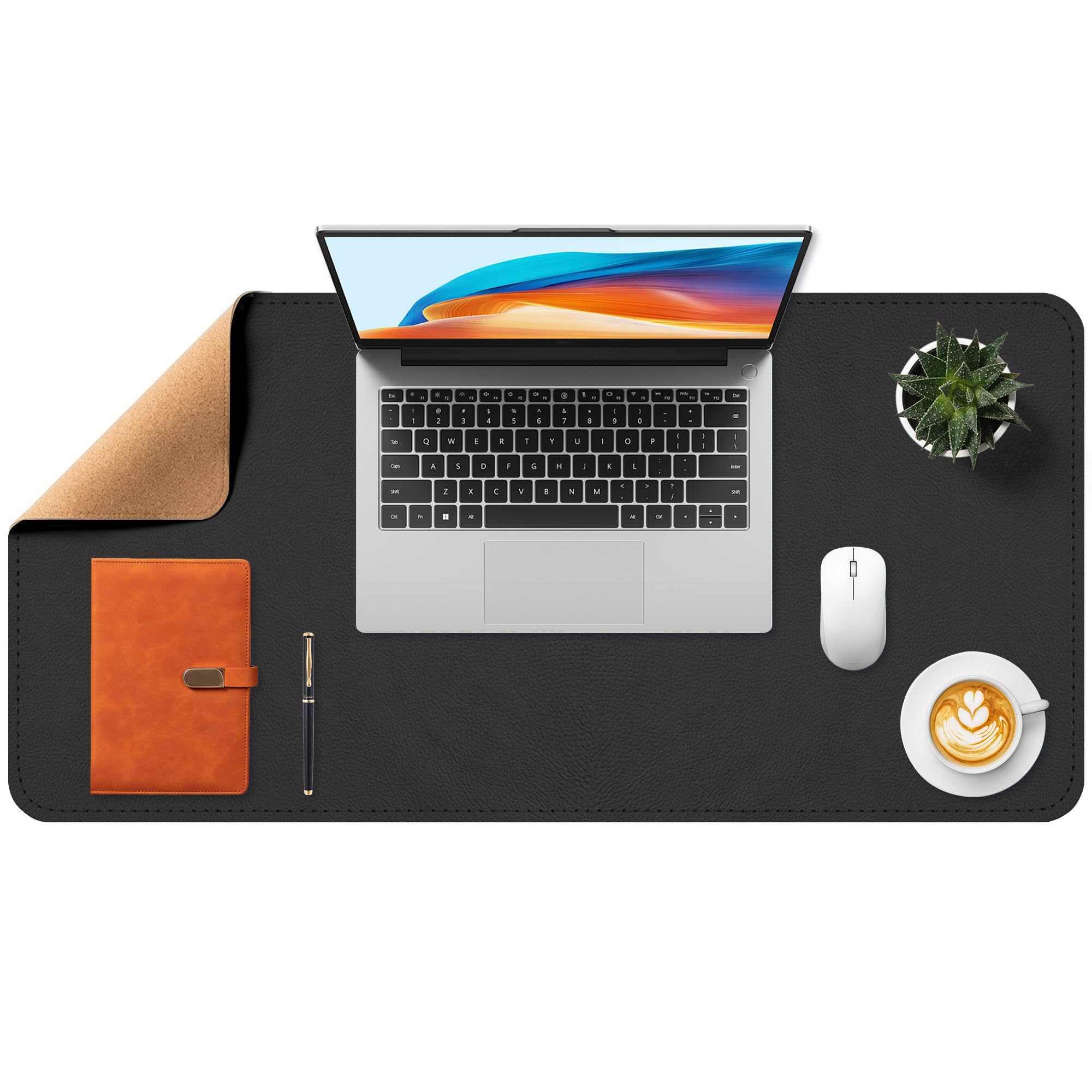 Gimars PU Leather Desk Mat 80x40cm – Large Mouse Pad & Desk Protector with Cork Base, Non-Slip Waterproof Writing Pad, Compatible with Laptop & Keyboard – Black